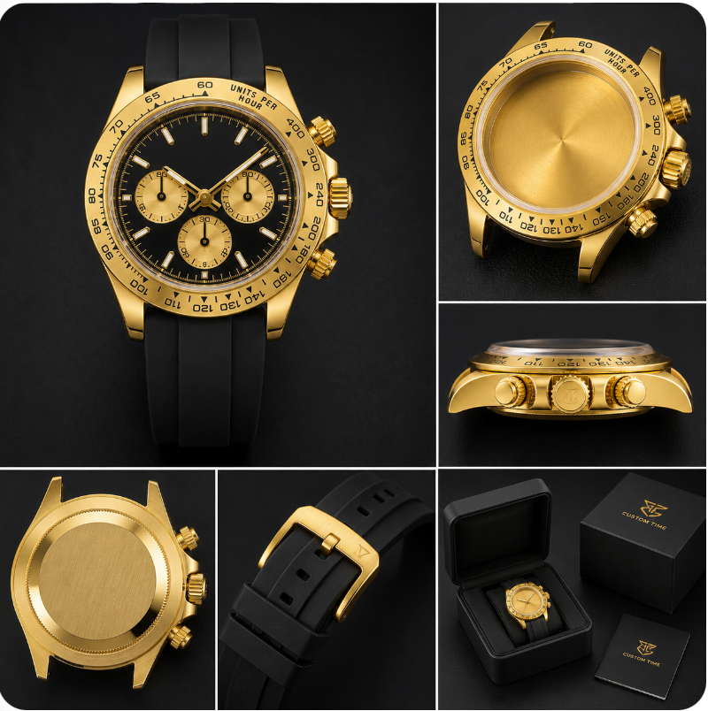 Gold Sport Custom Watch Compatible with VK63 Chronograph Movement|39mm Sapphire Glass Personalized Watch