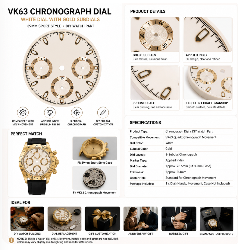 White VK63 Chronograph Dial|39mm Sport Custom Watch Replacement Part