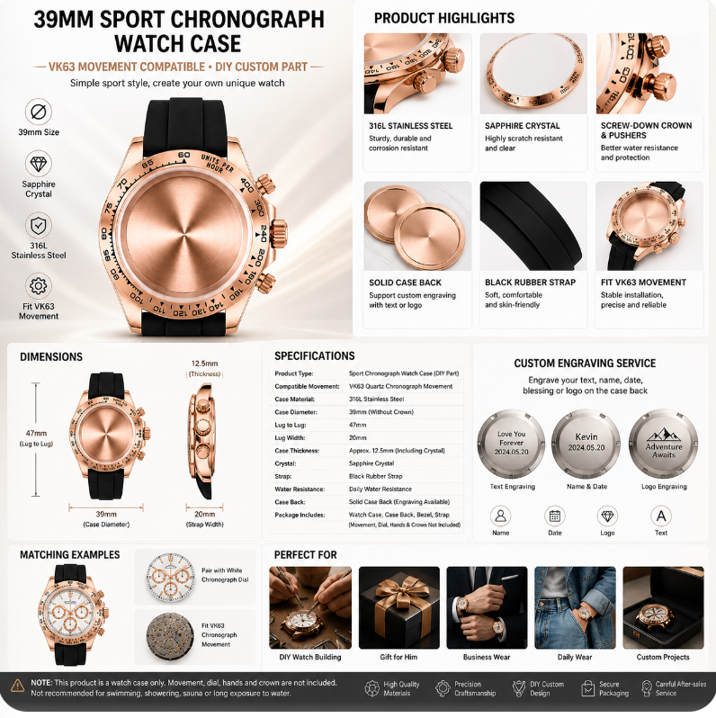 Rose Gold VK63 Chronograph Watch Case|39mm Sport Custom Watch Replacement Part