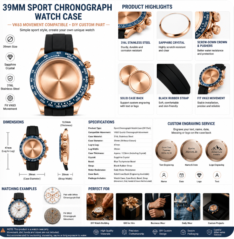 Rose Gold Blue Bezel VK63 Chronograph Watch Case|39mm Sport Custom Watch Replacement Part