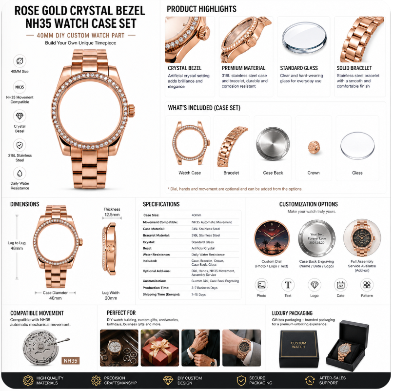 Rose Gold NH35 Custom Watch Case|40mm Crystal Bezel DIY Watch Part