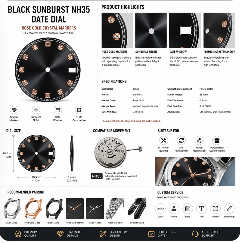 Black NH35 Custom Watch Dial|Date Window Rose Gold Crystal Markers