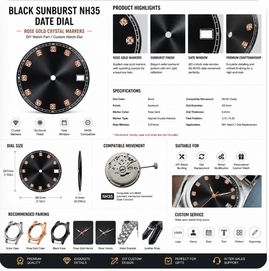 Black NH35 Custom Watch Dial|Date Window Rose Gold Crystal Markers