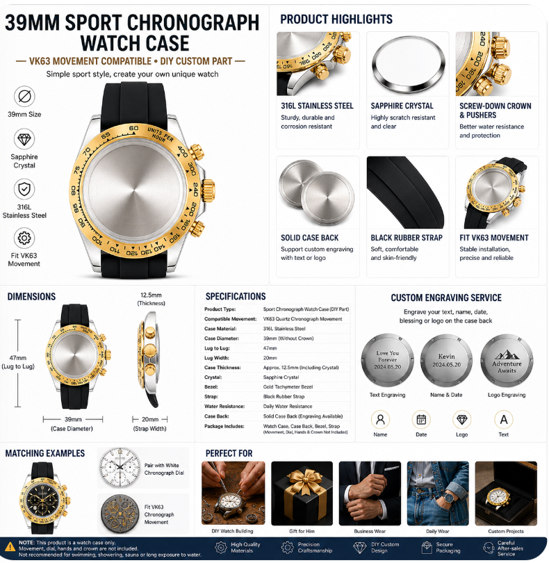 Silver Gold Bezel VK63 Chronograph Watch Case|39mm Sport Custom Watch Replacement Part
