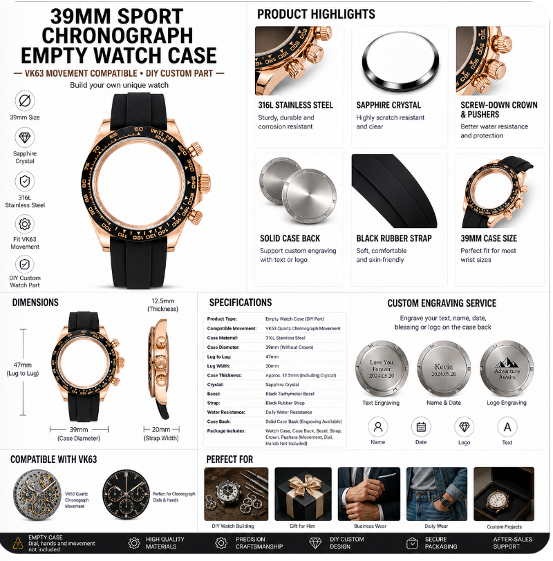 Rose Gold Black Bezel VK63 Chronograph Empty Case|39mm DIY Watch Part