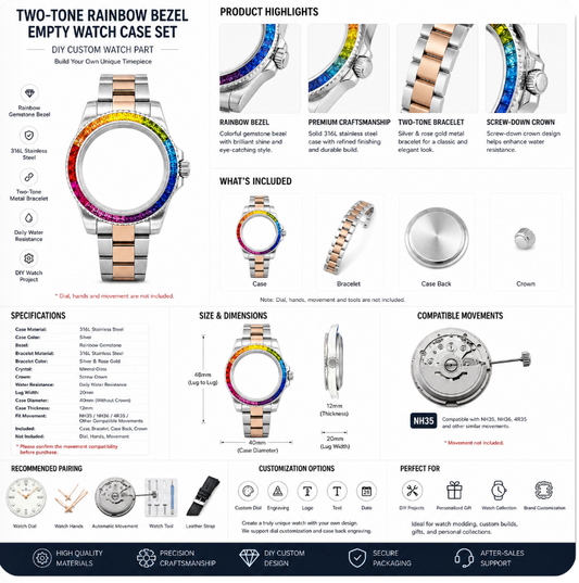 Two-Tone Rainbow Bezel Custom Watch Case|Metal Bracelet DIY Watch Part