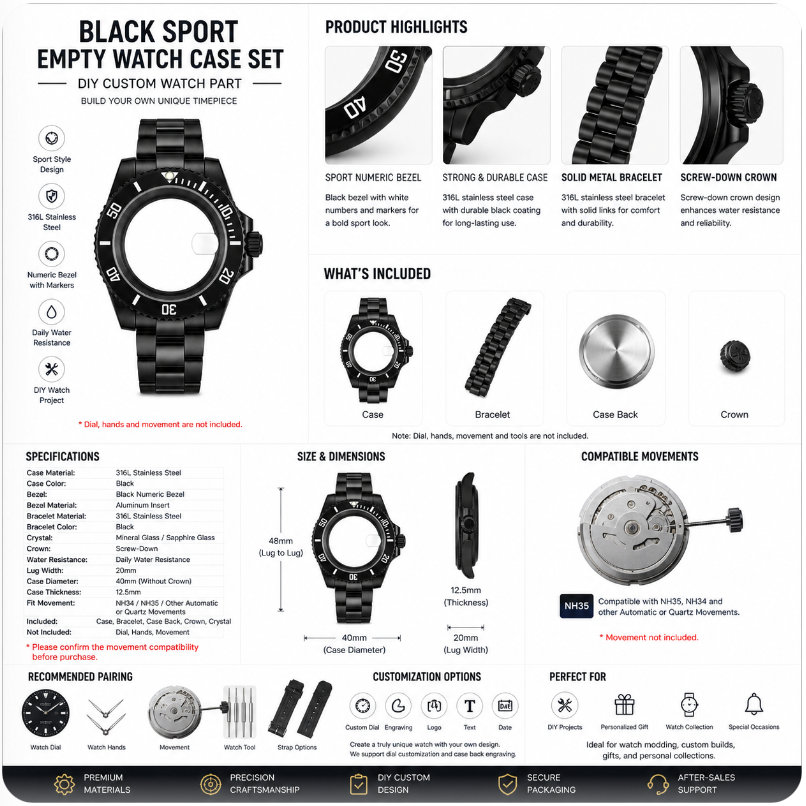 Black Custom Watch Case Set|Metal Bracelet DIY Watch Part