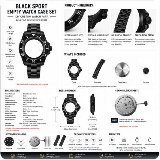 Black Custom Watch Case Set|Metal Bracelet DIY Watch Part