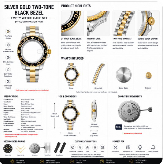Silver Gold Two-Tone Black Bezel Custom Watch Case|Metal Bracelet DIY Part