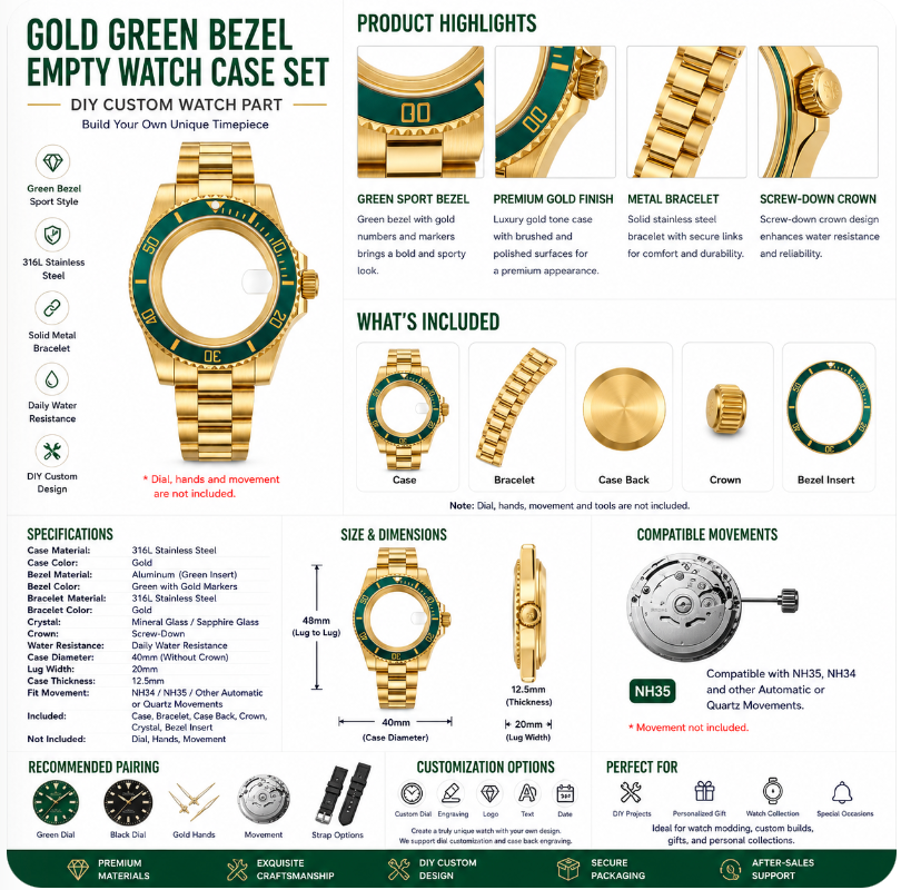 Gold Green Bezel Custom Watch Case|Metal Bracelet DIY Watch Part