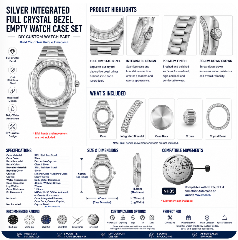 Silver Full Crystal Integrated Custom Watch Case|Metal Bracelet DIY Part