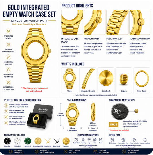 Gold Integrated Custom Watch Case|Metal Bracelet DIY Watch Part