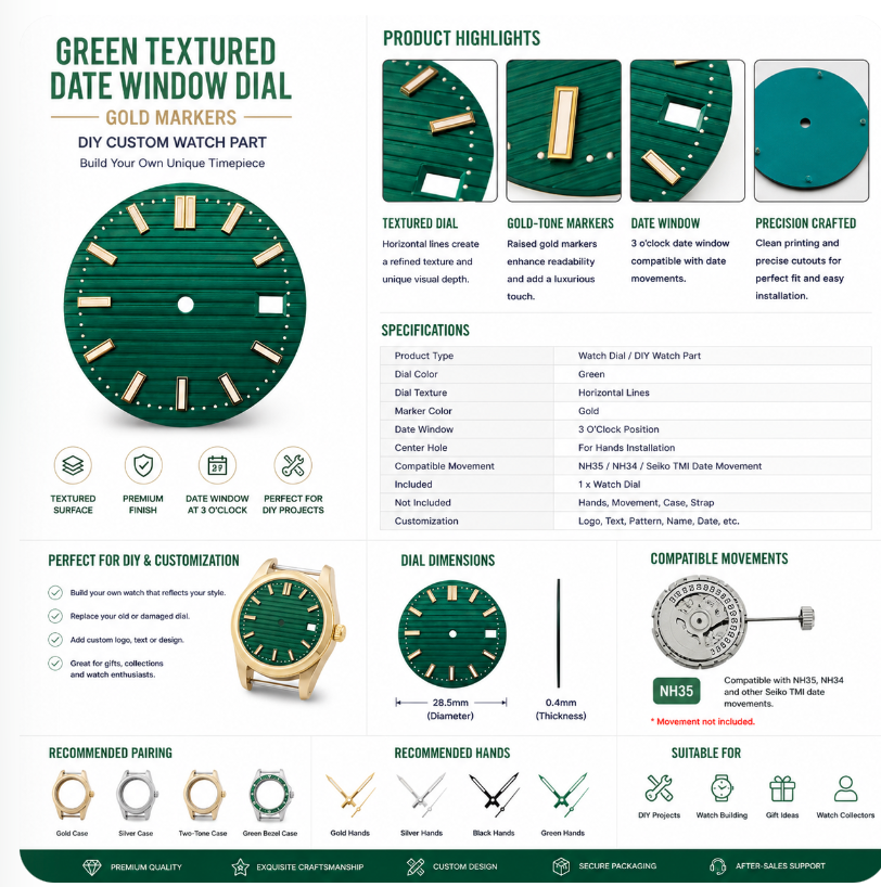 Green Custom Watch Dial|Date Window Gold Markers DIY Watch Part