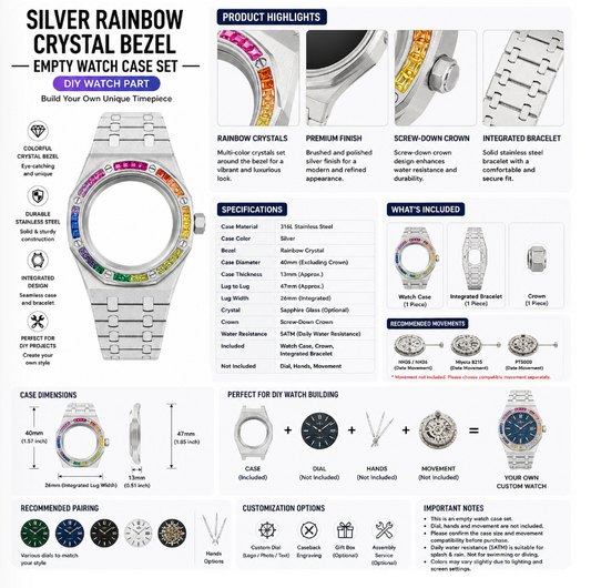 Silver Integrated Custom Watch Case|Rainbow Crystal Bezel Metal Bracelet DIY Watch Part