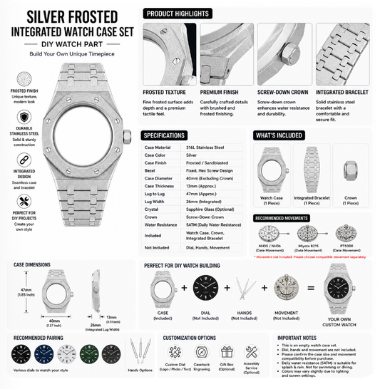 Silver Frosted Custom Watch Case|Integrated Metal Bracelet DIY Watch Part