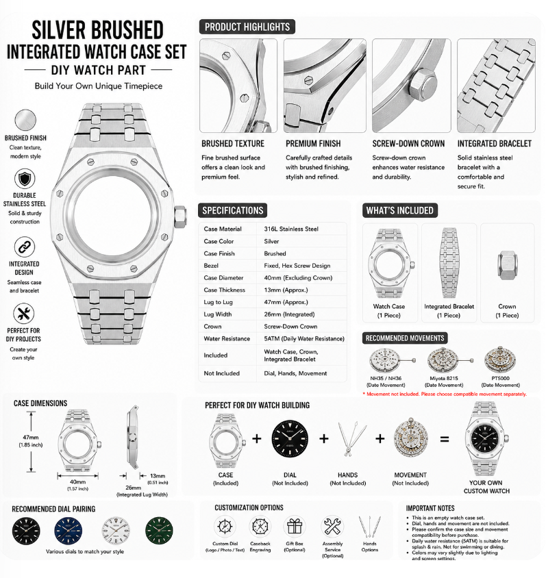 Silver Integrated Custom Watch Case|Brushed Metal Bracelet DIY Watch Part