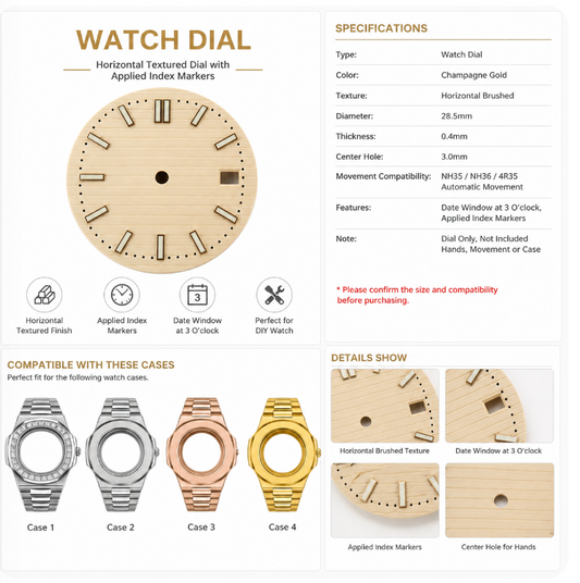 Gold Vertical Brushed Watch Dial for NH35 Automatic Movement | DIY Custom Watch Parts | Blank Dial Replacement