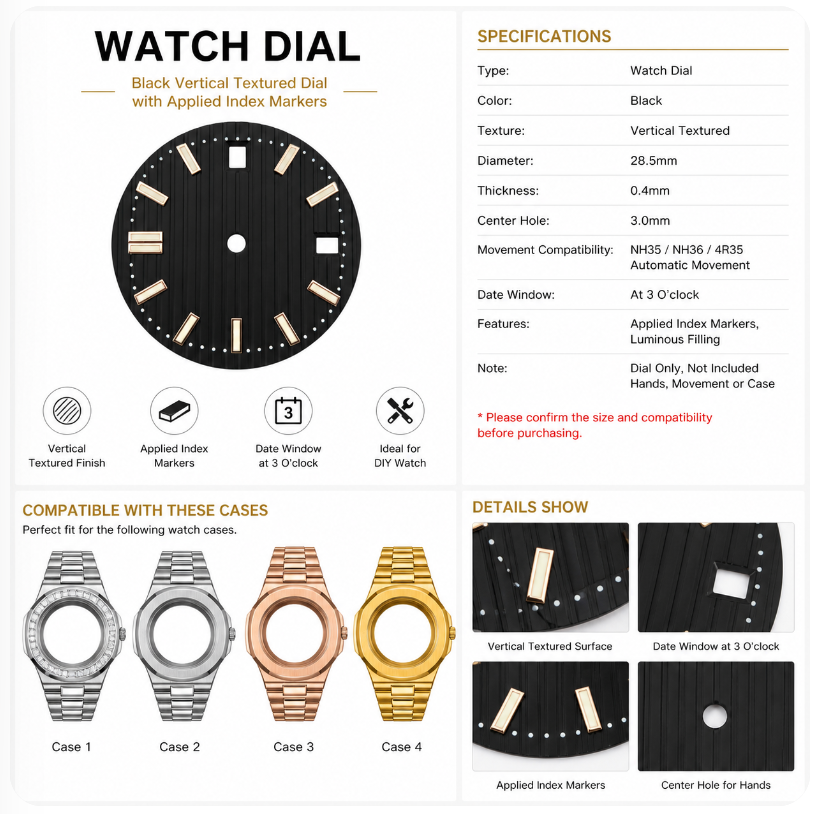 Black Vertical Textured Watch Dial for NH35 Automatic Movement | DIY Custom Watch Parts | Blank Dial Replacement
