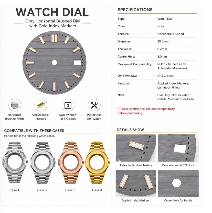 Gray Horizontal Brushed Watch Dial for NH35 Automatic Movement | DIY Custom Watch Parts | Blank Dial Replacement