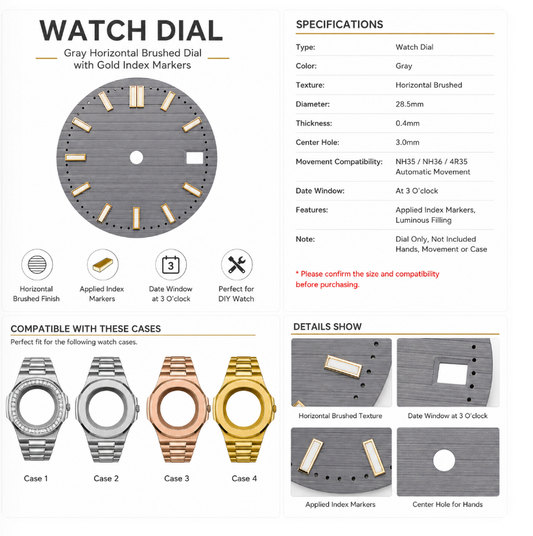 Gray Horizontal Brushed Watch Dial for NH35 Automatic Movement | DIY Custom Watch Parts | Blank Dial Replacement