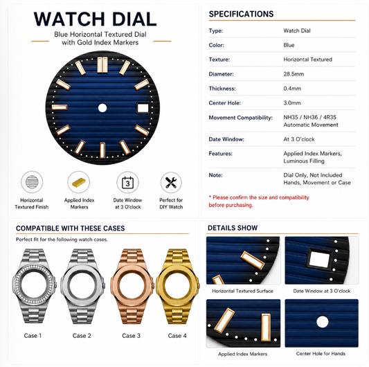 Blue Horizontal Textured Watch Dial for NH35 Automatic Movement | DIY Custom Watch Parts | Blank Dial Replacement