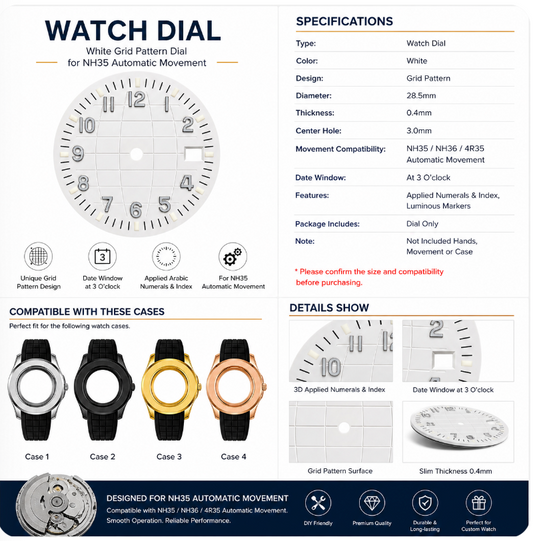 White Grid Pattern Watch Dial for NH35 Automatic Movement | DIY Custom Watch Parts | Blank Dial Replacement