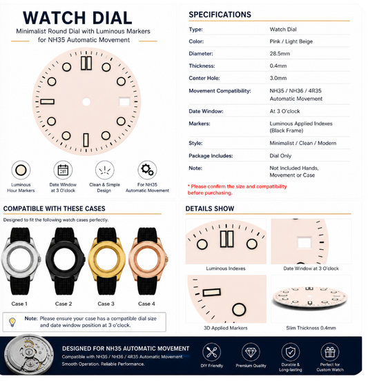 Pink Beige Minimalist Luminous Watch Dial for NH35 Automatic Movement | DIY Custom Watch Parts | Blank Dial Replacement