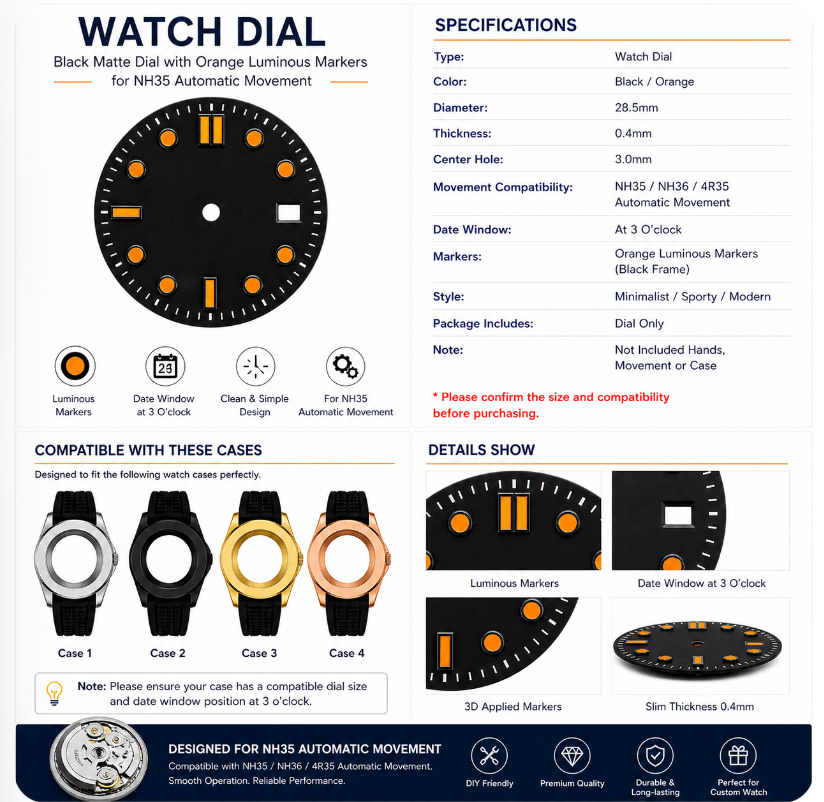 Black Orange Luminous Watch Dial for NH35 Automatic Movement | DIY Custom Watch Parts | Blank Dial Replacement