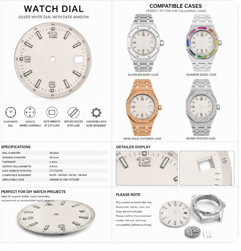 NH35 Compatible Silver White Watch Dial | 3/6/9/12 Arabic Markers | Date Window | DIY Mechanical Watch Part