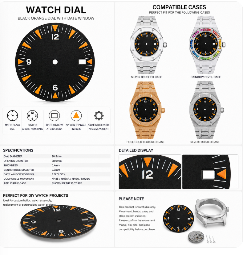 NH35 Compatible Black Orange Watch Dial | 3/6/9/12 Arabic Markers | 3 O’clock Date Window | DIY Mechanical Watch Part