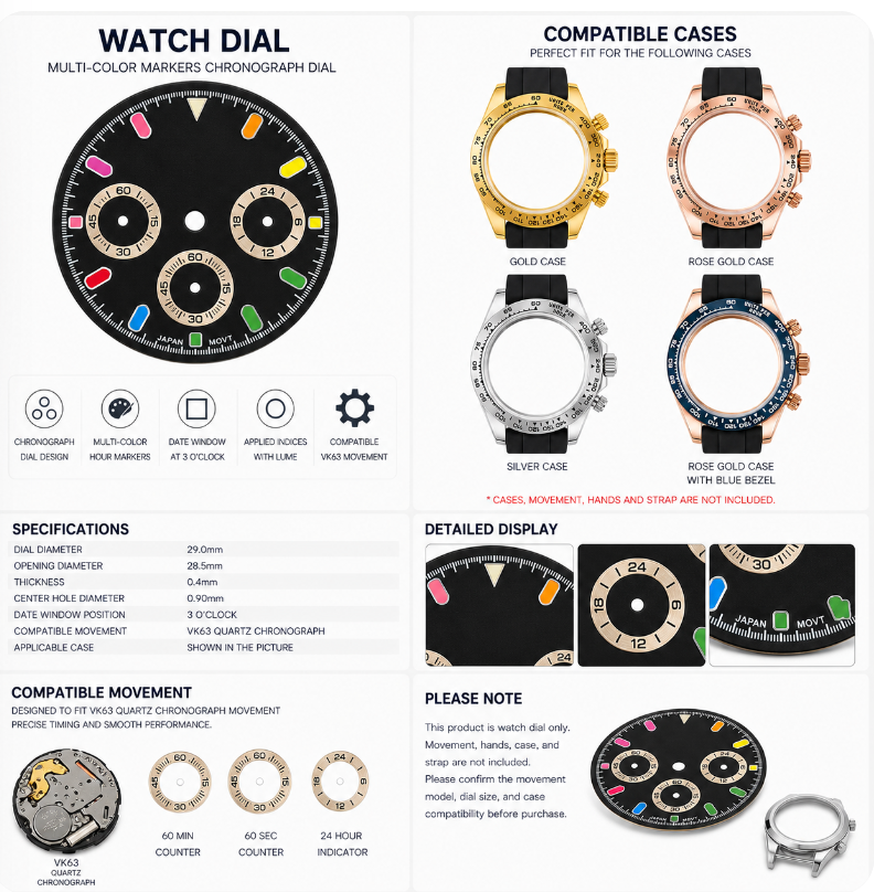 VK63 Compatible Black Chronograph Watch Dial | Multi-Color Hour Markers | Sub-Dial Layout | DIY Quartz Chronograph Watch Part