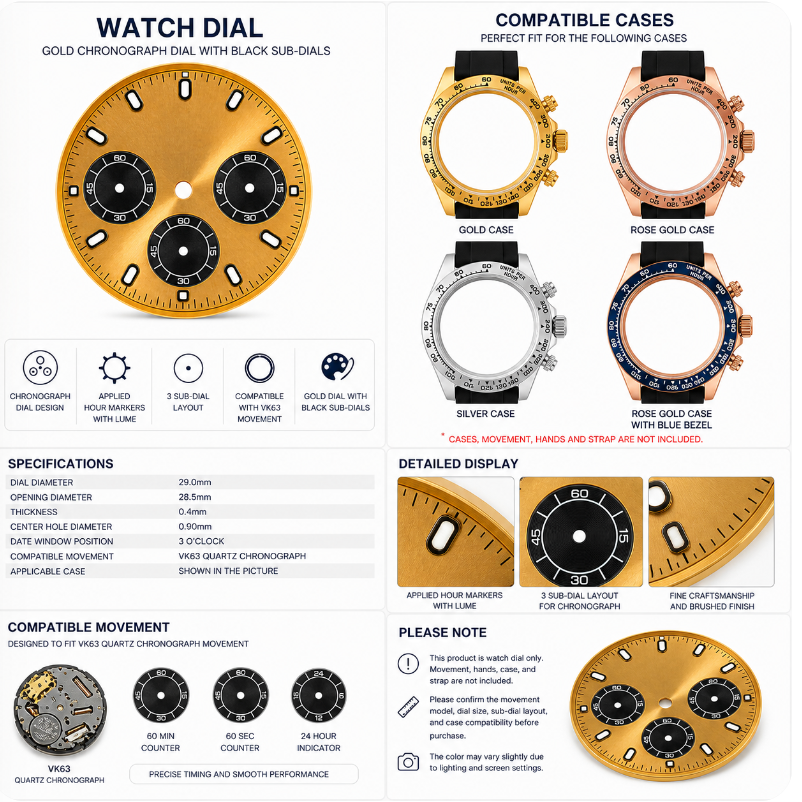 VK63 Compatible Gold Chronograph Watch Dial | Black 3 Sub-Dial Layout | Luminous Hour Markers | DIY Quartz Chronograph Watch Part