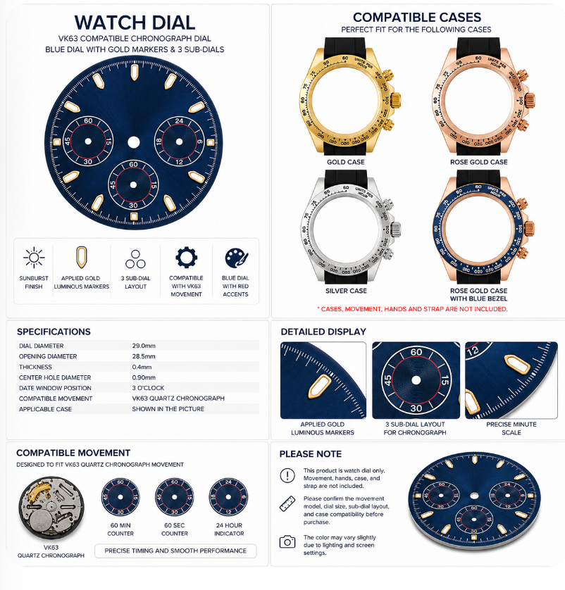 VK63 Compatible Blue Chronograph Watch Dial | Gold Luminous Hour Markers | 3 Sub-Dial Layout | DIY Quartz Chronograph Watch Part