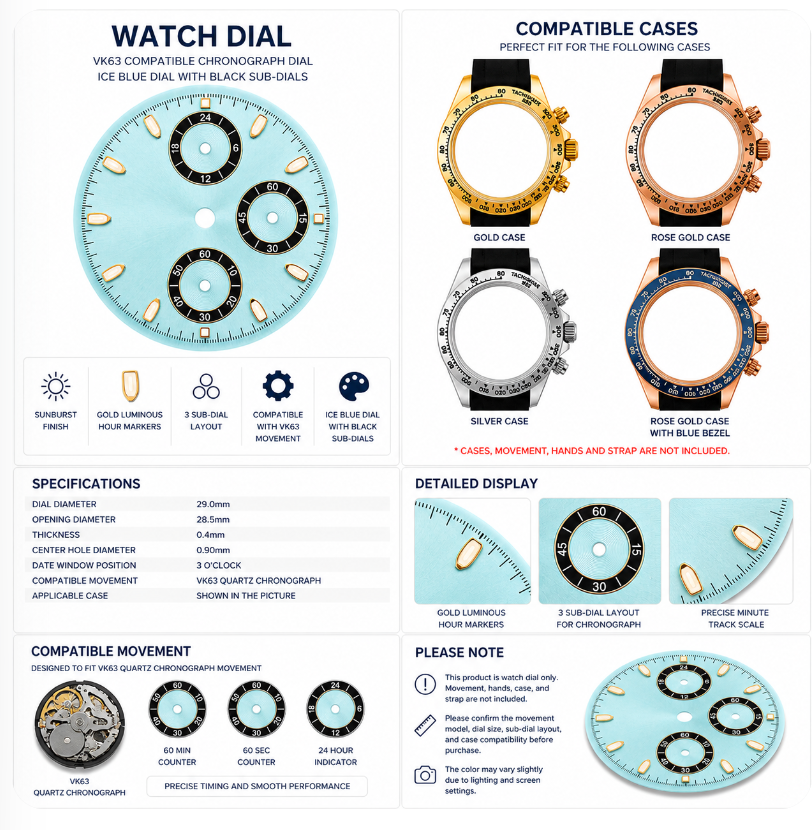 VK63 Compatible Ice Blue Chronograph Watch Dial | Black 3 Sub-Dial Layout | Gold Luminous Hour Markers | DIY Quartz Chronograph Watch Part