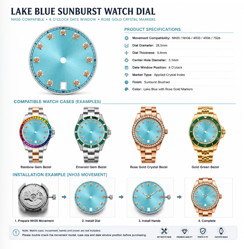 NH35 Compatible Lake Blue Sunburst Watch Dial with Rose Gold Crystal Markers | 6 O’clock Date Window | DIY Watch Mod Dial
