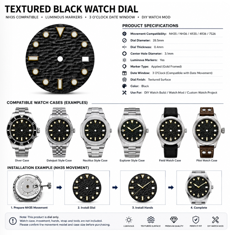 NH35 Compatible Textured Black Watch Dial with Gold-Framed Luminous Markers | 3 O’clock Date Window | DIY Watch Mod Dial