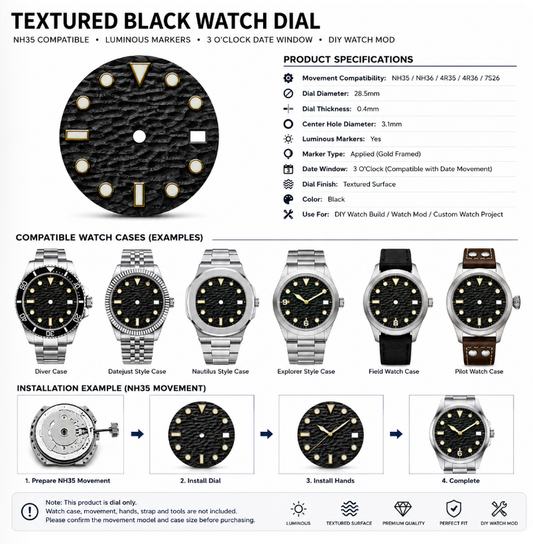 NH35 Compatible Textured Black Watch Dial with Gold-Framed Luminous Markers | 3 O’clock Date Window | DIY Watch Mod Dial