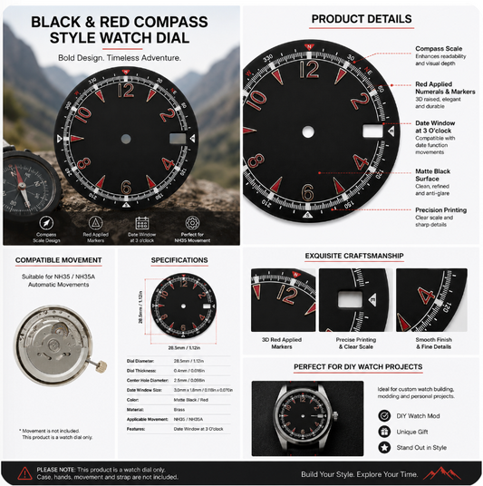 Black & Red Compass Style NH35 Automatic Watch Dial with Date Window | DIY Custom Watch Mod Dial