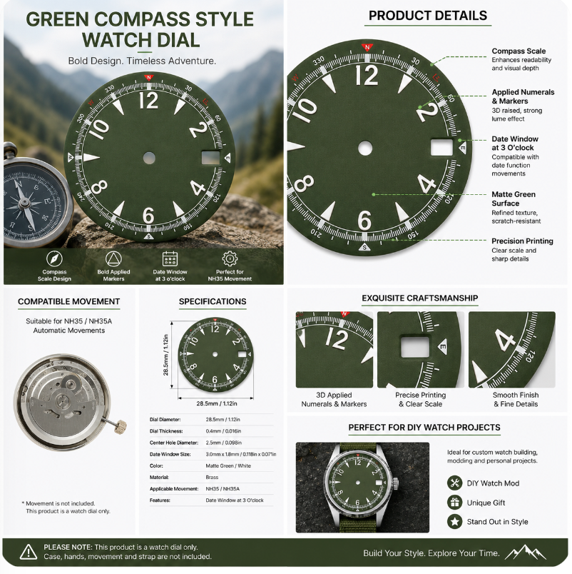 Green Compass Style NH35 Automatic Watch Dial with Date Window | DIY Custom Watch Mod Dial