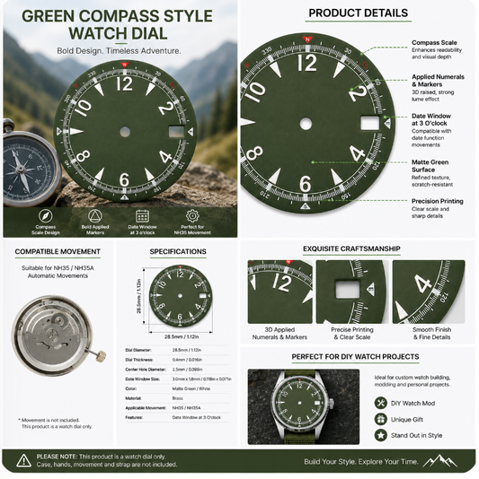 Green Compass Style NH35 Automatic Watch Dial with Date Window | DIY Custom Watch Mod Dial