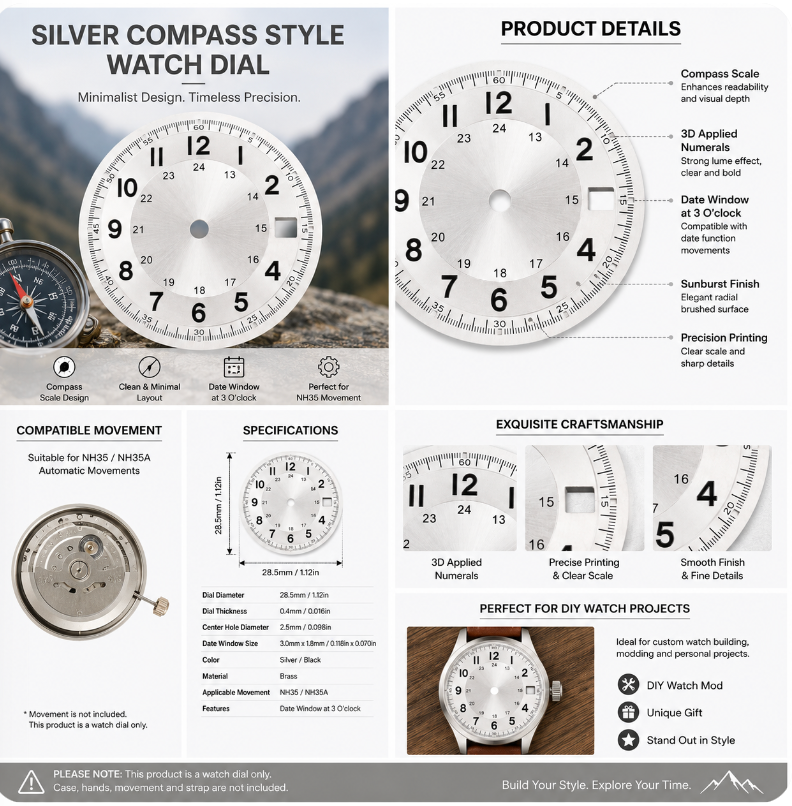 Silver Sunburst NH35 Automatic Watch Dial with 24-Hour Inner Scale & Date Window | DIY Custom Watch Mod Dial