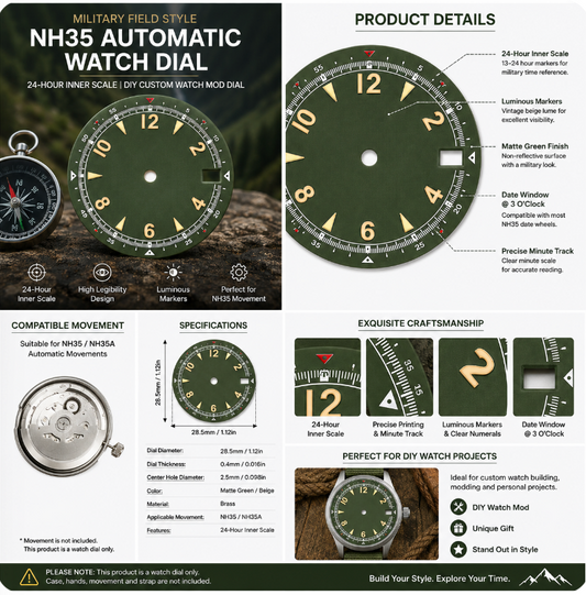Military Green Field Style NH35 Automatic Watch Dial with 24-Hour Inner Scale & Date Window | DIY Custom Watch Mod Dial