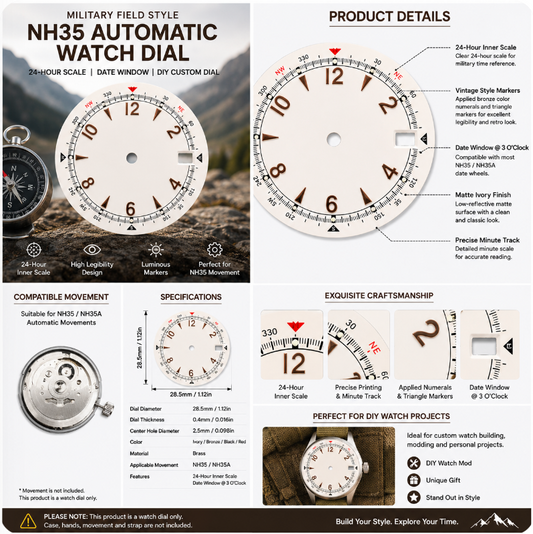 Ivory Military Field Style NH35 Automatic Watch Dial with 24-Hour Scale & Date Window | DIY Custom Watch Mod Dial