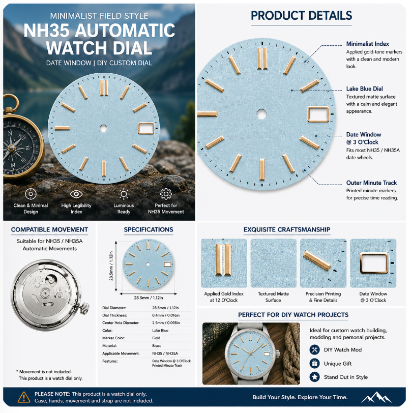 Lake Blue Minimalist NH35 Automatic Watch Dial with Gold Index Markers & Date Window | DIY Custom Watch Mod Dial