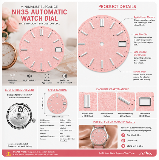 Pink Minimalist NH35 Automatic Watch Dial with Silver Index Markers & Date Window | DIY Custom Watch Mod Dial