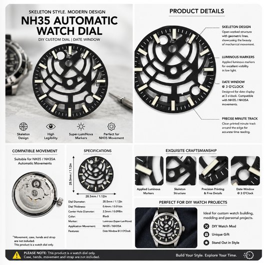 Black Skeleton Style NH35 Automatic Watch Dial with Luminous Markers & Date Window | DIY Custom Watch Mod Dial