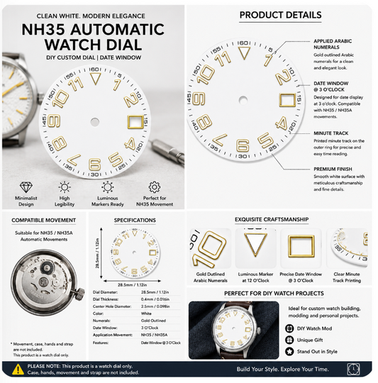 White Modern NH35 Automatic Watch Dial with Gold Arabic Numerals & Date Window | DIY Custom Watch Mod Dial
