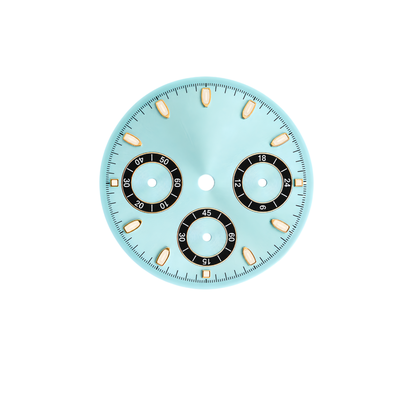 VK63 Compatible Ice Blue Chronograph Watch Dial | Black 3 Sub-Dial Layout | Gold Luminous Hour Markers | DIY Quartz Chronograph Watch Part