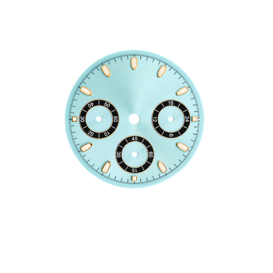 VK63 Compatible Ice Blue Chronograph Watch Dial | Black 3 Sub-Dial Layout | Gold Luminous Hour Markers | DIY Quartz Chronograph Watch Part