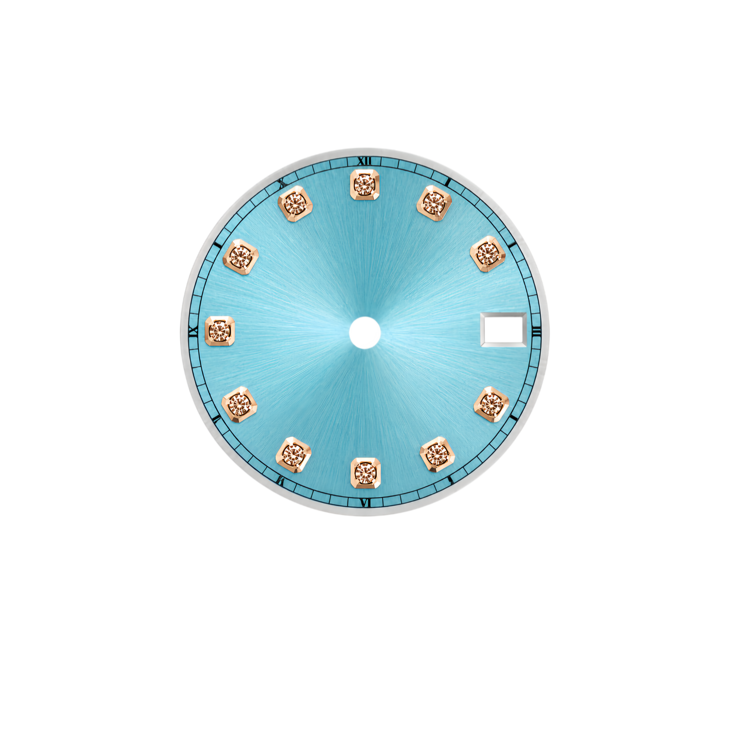 NH35 Compatible Lake Blue Sunburst Watch Dial with Rose Gold Crystal Markers | 6 O’clock Date Window | DIY Watch Mod Dial
